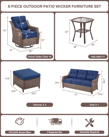 6-Piece Luxury Outdoor Patio Set - High Back Wicker Swivel Glider Chairs with Sofa & Ottoman, Ovolo Series - Belord