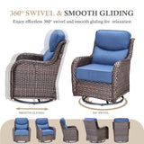 Belord 6" cushion patio fire pit set with brown wicker swivel chairs and rectangular fire table with wind guard, blue cushions.