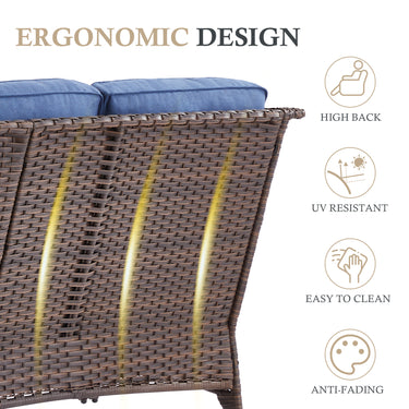 Brown wicker patio fire table set with blue cushioned swivel chairs and rectangular fire table with wind guard for outdoor lounging