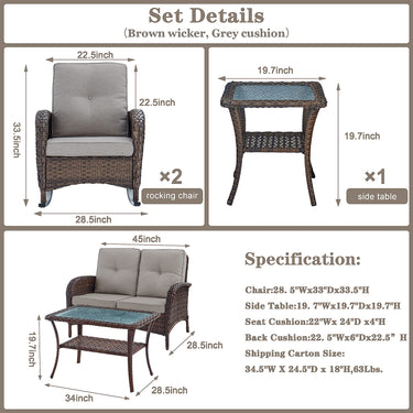 Patio Conversation Set 5-Piece with Loveseat, Rocking Chairs, Coffee Table, and Side Table, NDS Series - Belord