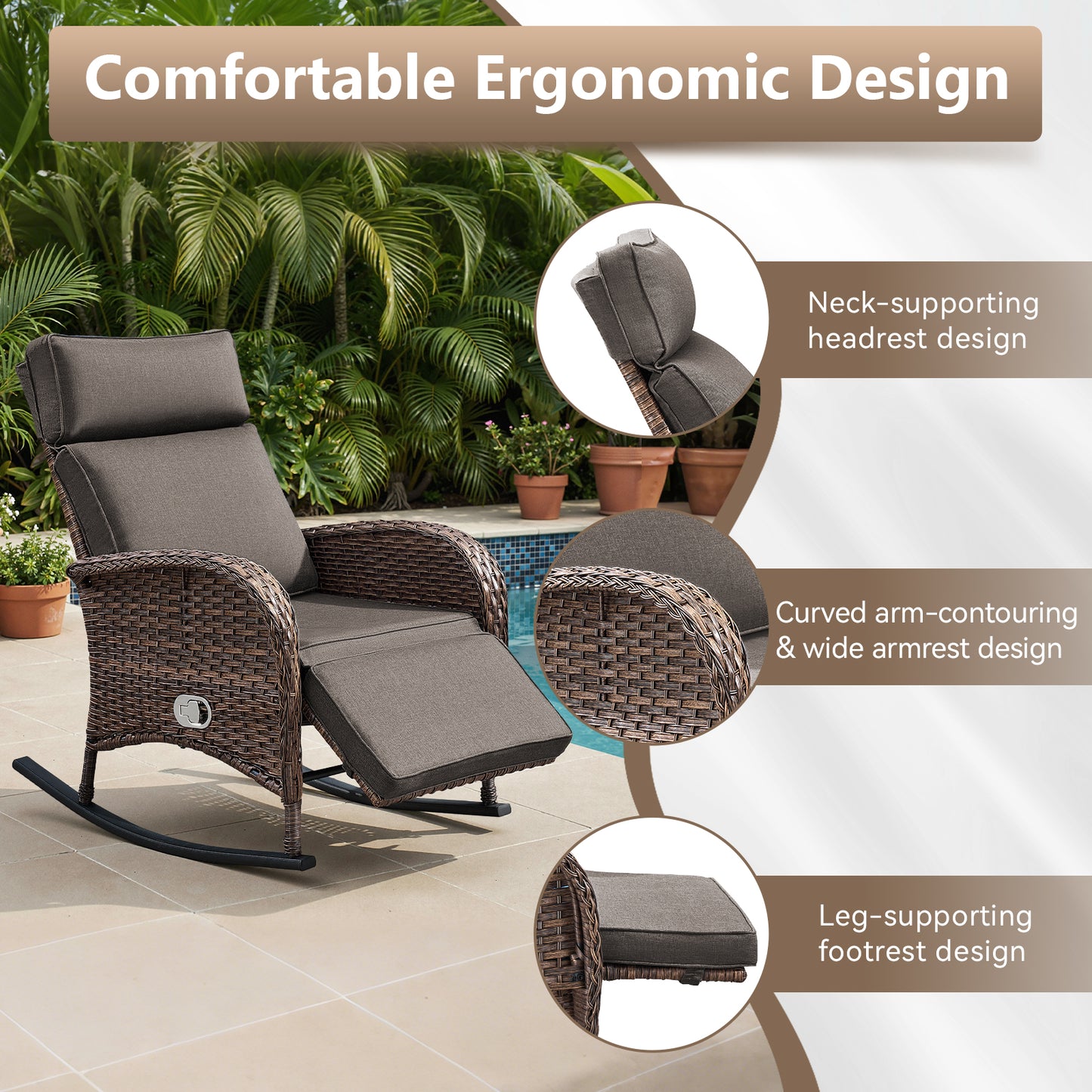 Premium 4-Piece Wicker Rocking Recliner Chair Set with Adjustable Backrest & Footrest, Cushioned PE Rattan Patio Lounge Chairs, NDS Series