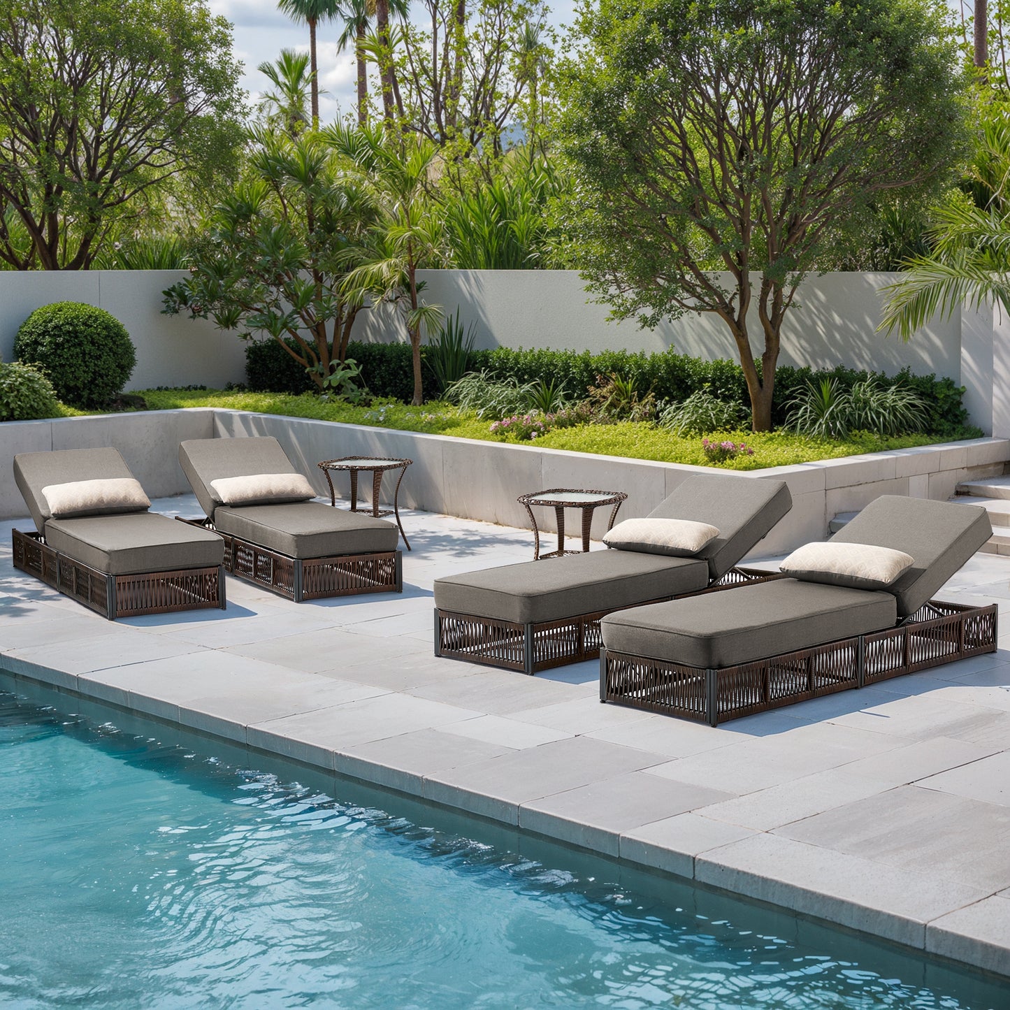 6-Piece Wicker Patio Lounge Set – 4 Adjustable 76.8" Chaise Lounges with 5-Inch Cushions + 2 Side Tables, NTC Series