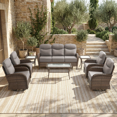 Grand 8-Piece Patio Furniture Set – Sofa & Swivel Rockers, 6" Cushions, Built for Garden Gatherings & Parties, ND Series - Belord