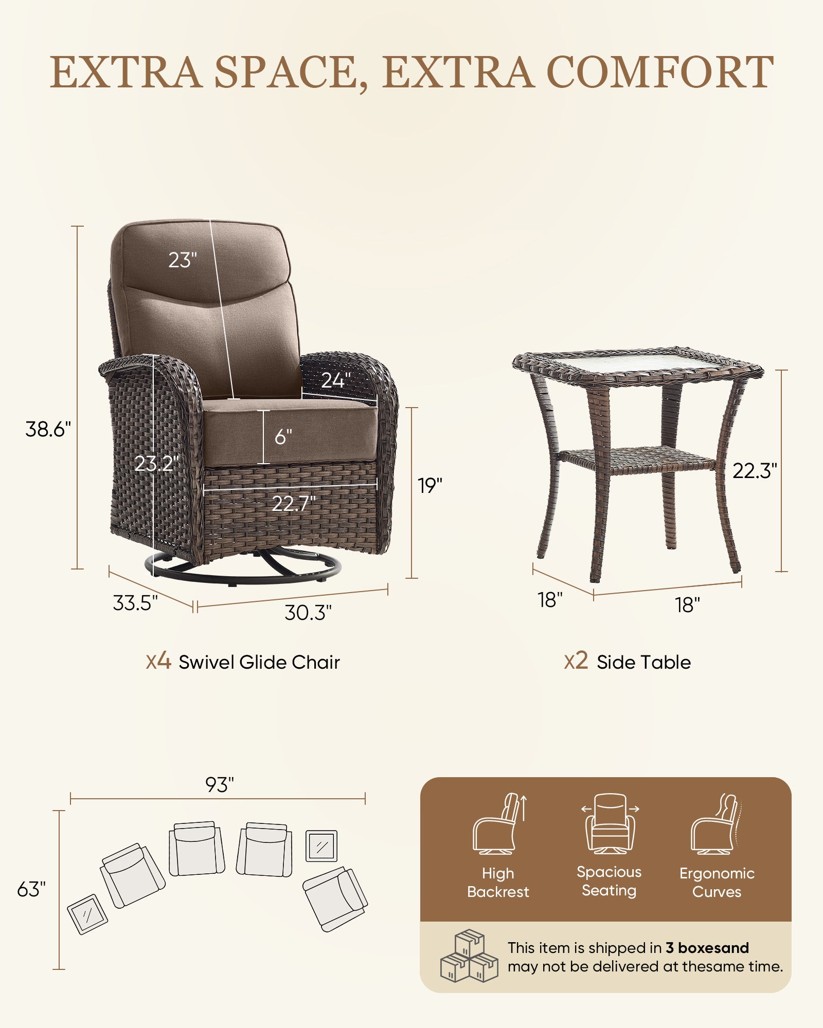 Luxury 6-Piece Swivel Patio Chair Set – High-Back Support, 6" Cushions & Side Tables for Backyard Entertaining, ND Series - Belord