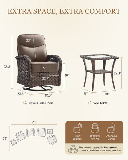 Luxury 6-Piece Swivel Patio Chair Set – High-Back Support, 6" Cushions & Side Tables for Backyard Entertaining, ND Series - Belord