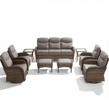 9-Piece Outdoor Conversation Set – Heavy-Duty Swivel Rockers, Waterproof Wicker for Large Deck Spaces, ND Series - Belord