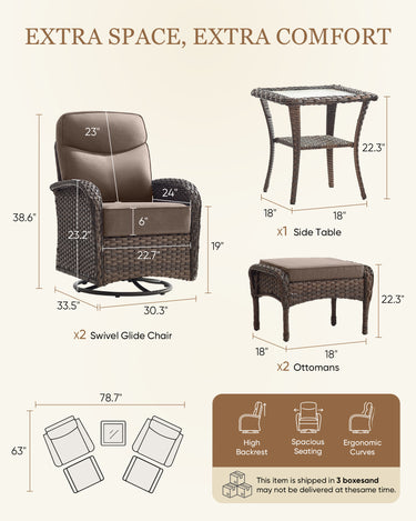 Upscale 5-Piece Swivel Chair Patio Set – Hand-Woven Wicker, 6" Cushions & Ottomans for Premium Garden Comfort, ND Series - Belord