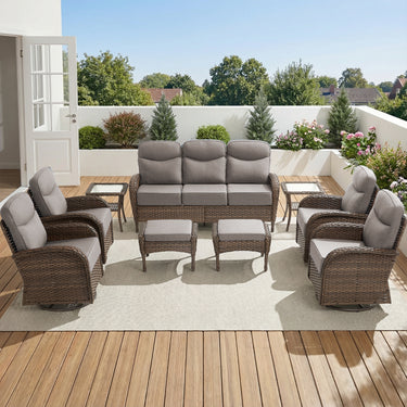 9-Piece Outdoor Conversation Set – Heavy-Duty Swivel Rockers, Waterproof Wicker for Large Deck Spaces, ND Series - Belord