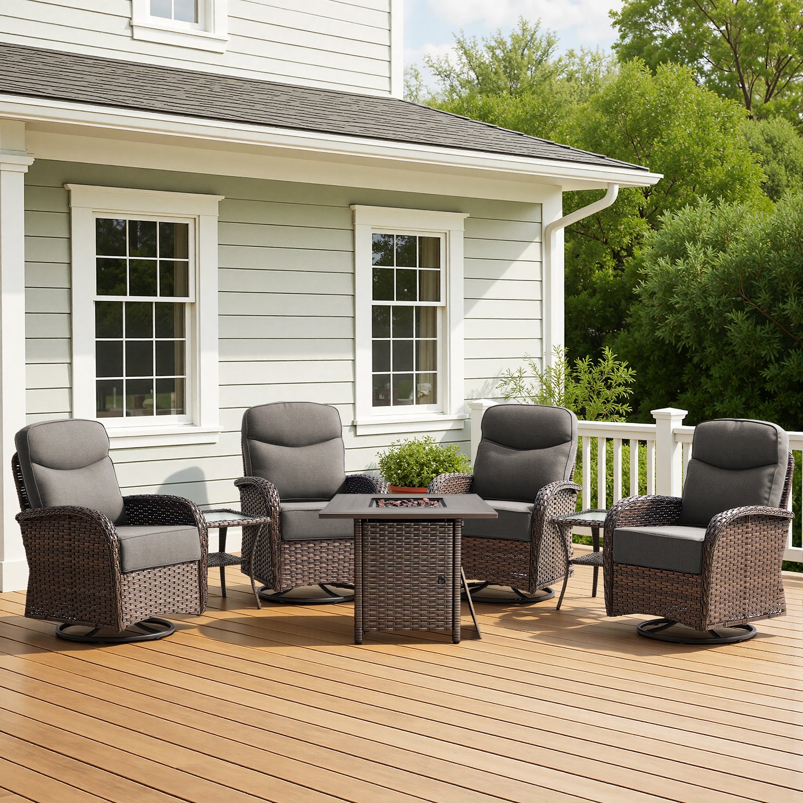 Premium 7-Piece Patio Swivel Chair Set with Square Wicker Fire Pit Table – Cozy Garden Lounge Style, ND Series - Belord