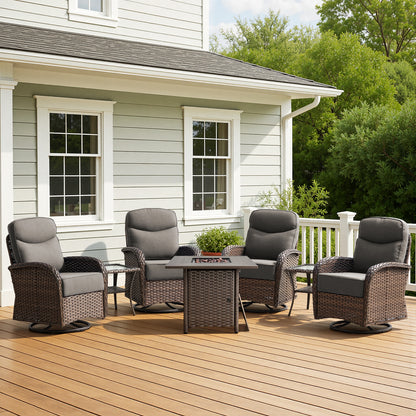 Premium 7-Piece Patio Swivel Chair Set with Square Wicker Fire Pit Table – Cozy Garden Lounge Style, ND Series - Belord