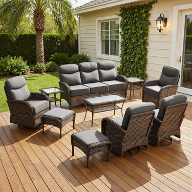 Luxury 10-Piece Patio Set – Sofa & Swivel Chairs with Ottomans, Hand-Woven All-Weather Wicker for Backyard Hosting, ND Series - Belord