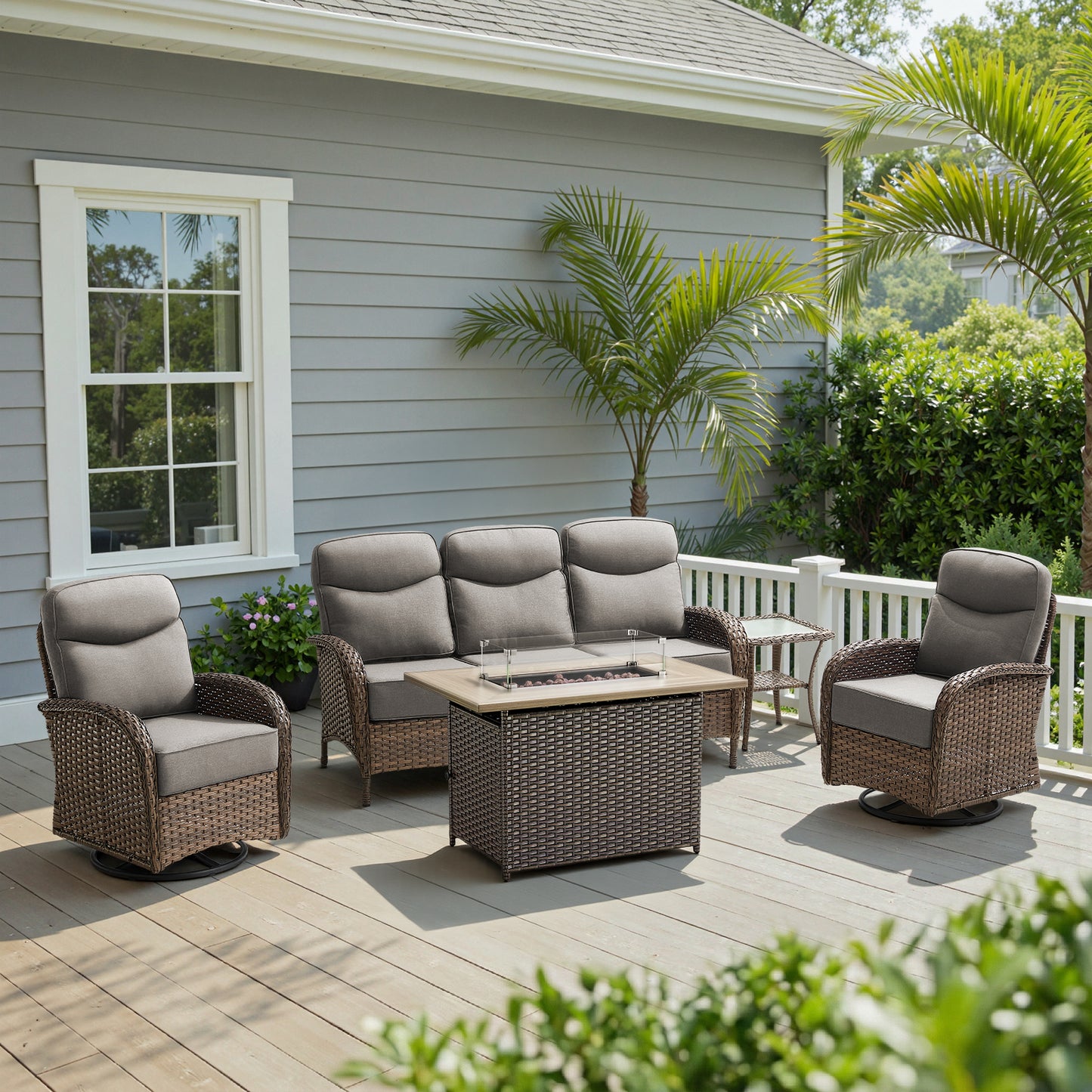 Luxury 5-Piece Rattan Patio Furniture Set with Wicker Fire Pit Table – 6" Cushions for Garden & Backyard Living, ND Series - Belord