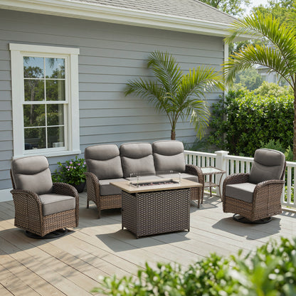 Luxury 5-Piece Rattan Patio Furniture Set with Wicker Fire Pit Table – 6" Cushions for Garden & Backyard Living, ND Series - Belord