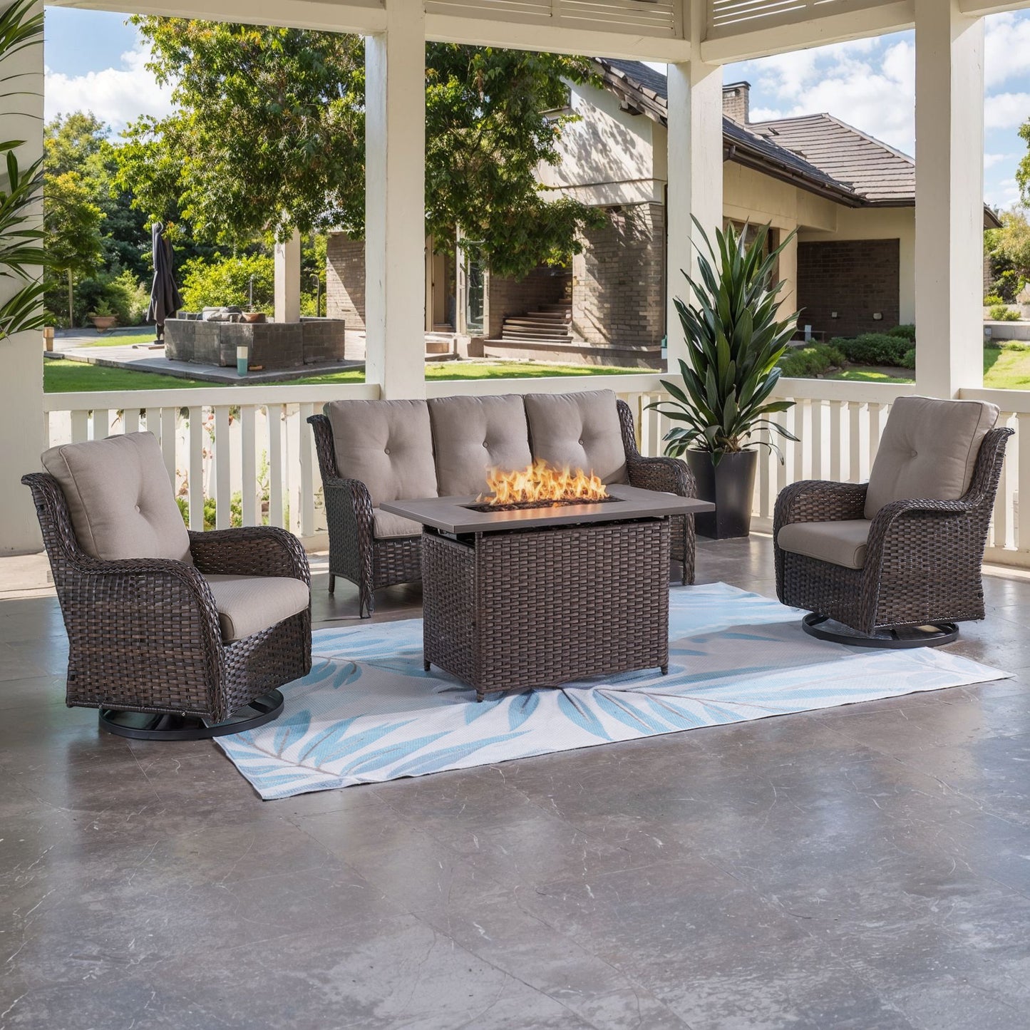 4-Piece Outdoor Conversation Set with Rectangular Fire Table, Sofa & Swivel Chairs, NTC Series