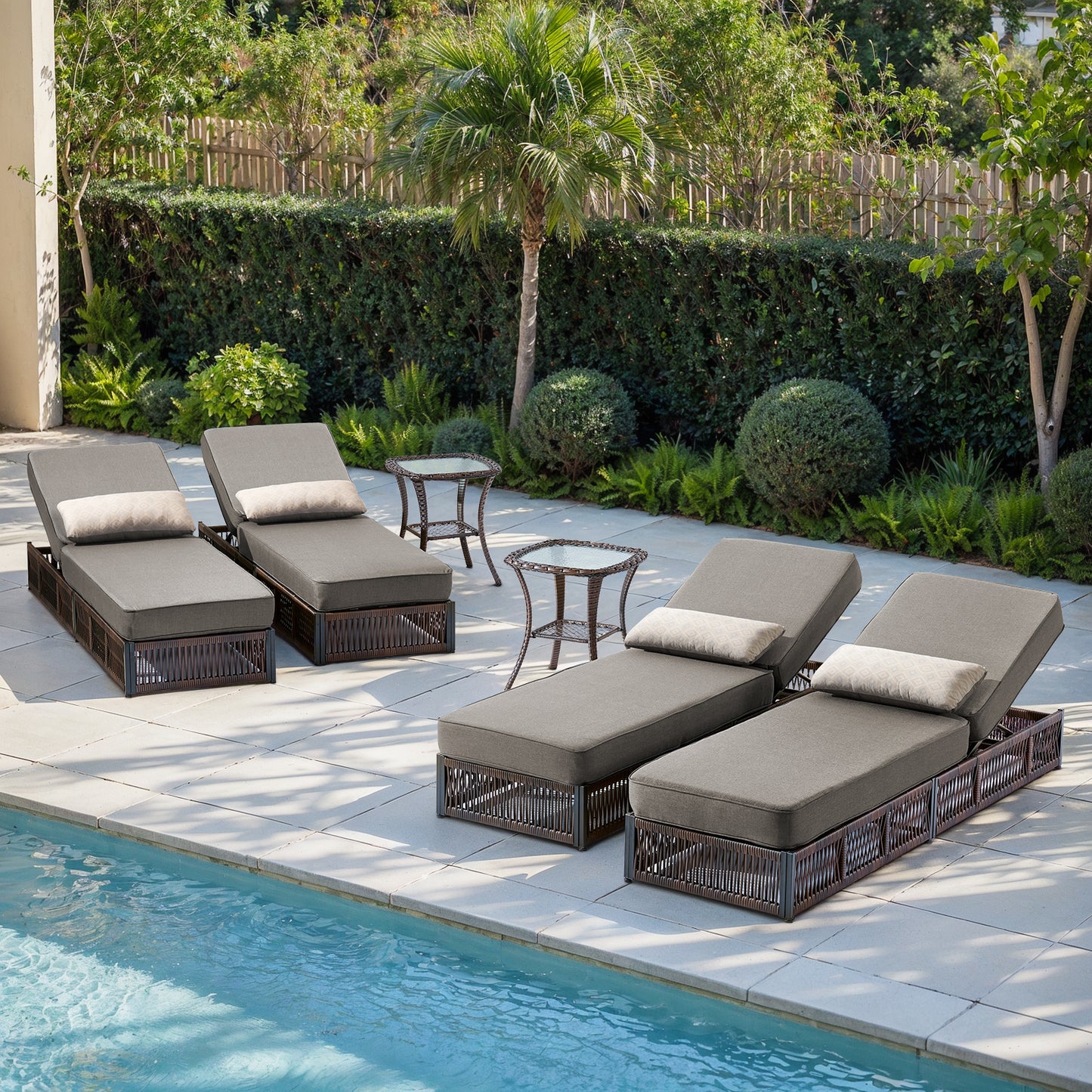 6-Piece Wicker Patio Lounge Set – 4 Adjustable 76.8" Chaise Lounges with 5-Inch Cushions + 2 Side Tables, NTC Series
