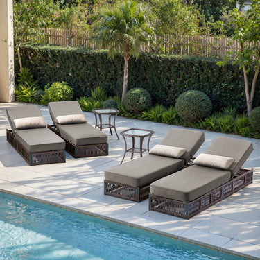 6-Piece Wicker Patio Lounge Set – 4 Adjustable 76.8" Chaise Lounges with 5-Inch Cushions + 2 Side Tables, NTC Series - Belord