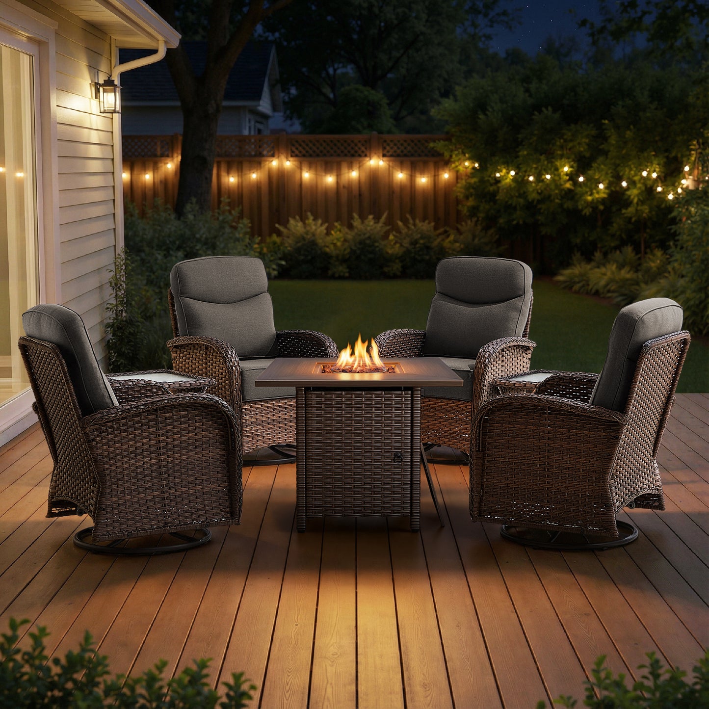 Premium 7-Piece Patio Swivel Chair Set with Square Wicker Fire Pit Table – Cozy Garden Lounge Style, ND Series - Belord