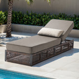 Belord brown wicker chaise lounge cushion with grey padding, 6-position recline and 5-inch thick comfort cushion.