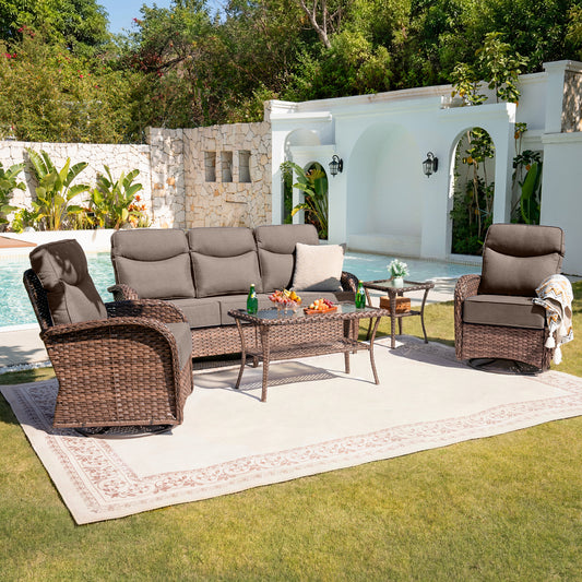 Elegant 5-Piece Outdoor Conversation Set – Sofa & Swivel Rockers with Coffee Table, All-Weather Wicker for Patio Parties, ND Series - Belord