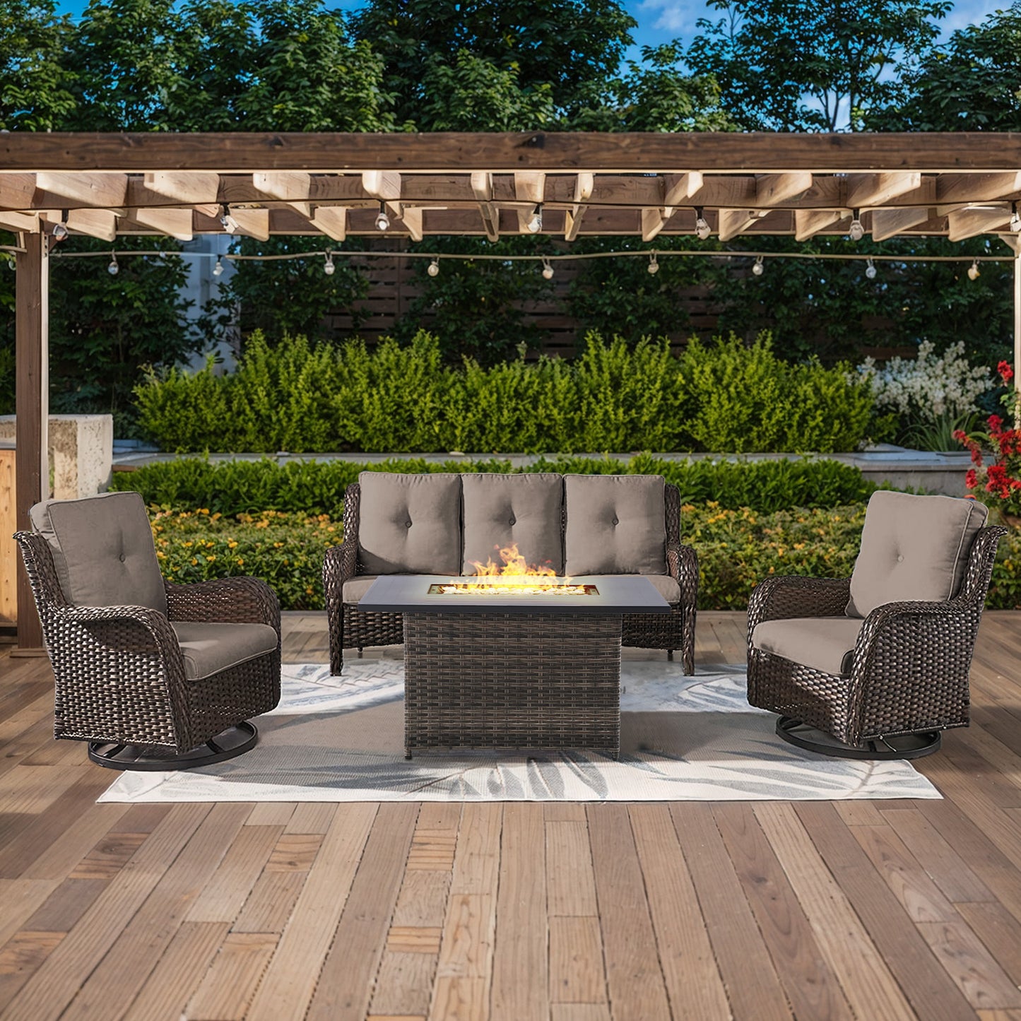 Height-Adjustable Fire Pit Table Set with Swivel Glider Chairs and Sofa, NTC Series