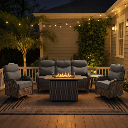 Luxury 5-Piece Rattan Patio Furniture Set with Wicker Fire Pit Table – 6" Cushions for Garden & Backyard Living, ND Series - Belord