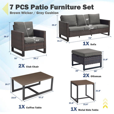 Patio Conversation Set 7-Piece with Sofa, Patio Chairs, Coffee Table, Side Table, and Ottoman, GRS Series - Belord