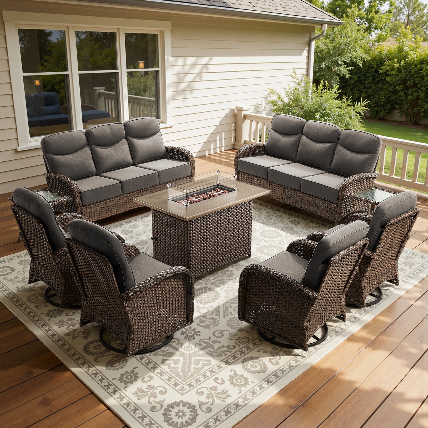 Premium 9-Piece Wicker Patio Set with Fire Pit Table – Resort-Style Comfort for Patio & Deck, ND Series - Belord