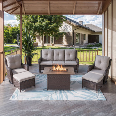 Belord 6-piece wicker patio conversation set with grey cushions, fire pit table, and swivel chairs for outdoor relaxing.