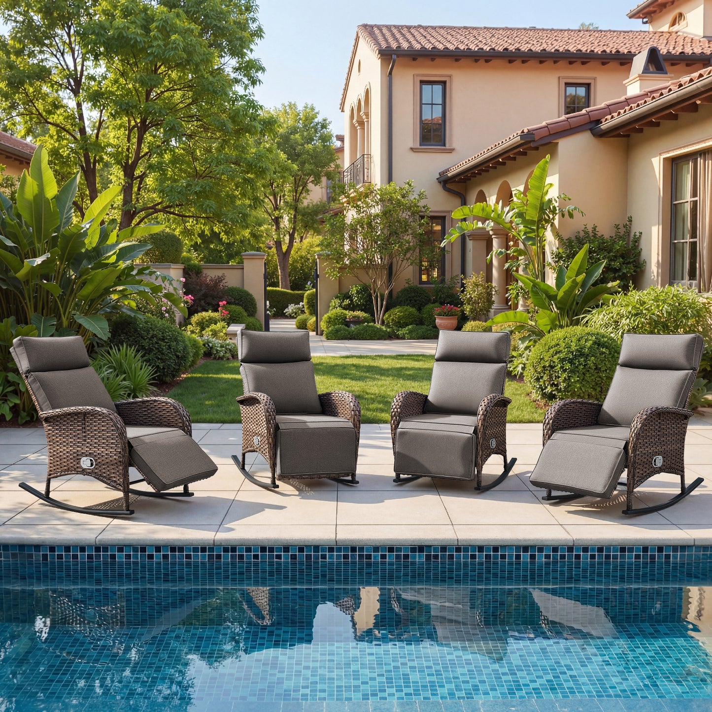 Premium 4-Piece Wicker Rocking Recliner Chair Set with Adjustable Backrest & Footrest, Cushioned PE Rattan Patio Lounge Chairs, NDS Series