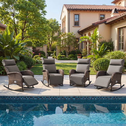 Premium 4-Piece Wicker Rocking Recliner Chair Set with Adjustable Backrest & Footrest, Cushioned PE Rattan Patio Lounge Chairs, NDS Series