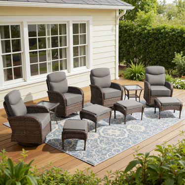 Premium 10-Piece Swivel Chair Patio Set – Deep 6" Cushions & Ottomans for Flexible Outdoor Lounging, ND Series - Belord