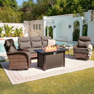 Premium 5-Piece Wicker Patio Set with Rectangular Metal Fire Pit Table – High Back Swivel Seating for Patio & Deck, ND Series - Belord