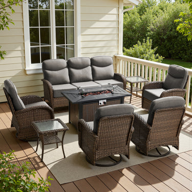 Premium 8-Piece Patio Conversation Set with Metal Fire Pit Table – All-Weather Wicker for Outdoor Parties, ND Series - Belord