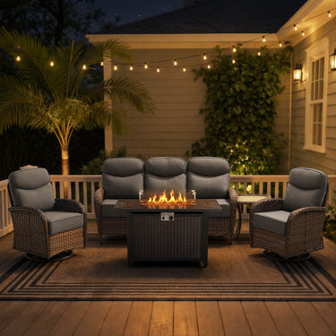 Premium 5-Piece Wicker Patio Set with Rectangular Metal Fire Pit Table – High Back Swivel Seating for Patio & Deck, ND Series - Belord