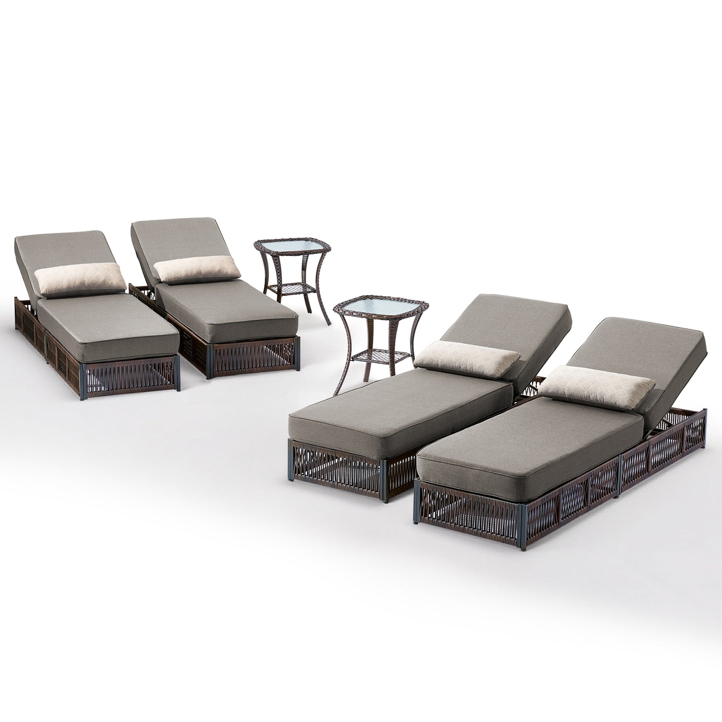 6-Piece Wicker Patio Lounge Set – 4 Adjustable 76.8" Chaise Lounges with 5-Inch Cushions + 2 Side Tables, NTC Series