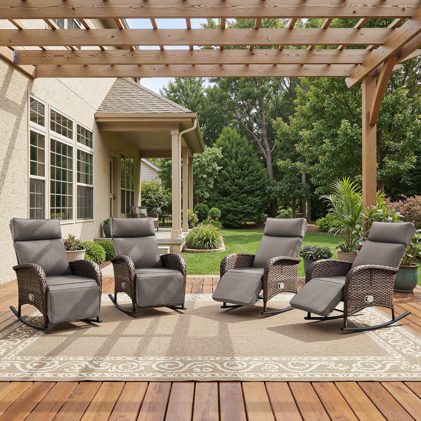 Premium 4-Piece Wicker Rocking Recliner Chair Set with Adjustable Backrest & Footrest, Cushioned PE Rattan Patio Lounge Chairs, NDS Series