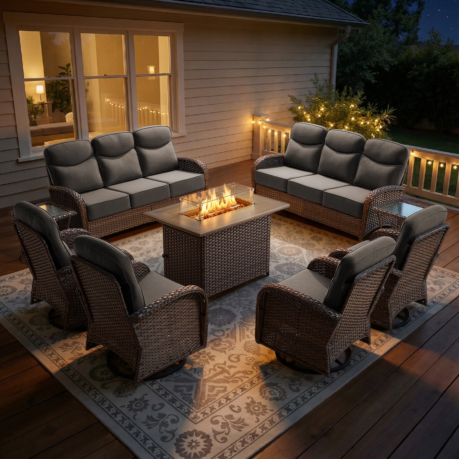 Premium 9-Piece Wicker Patio Set with Fire Pit Table – Resort-Style Comfort for Patio & Deck, ND Series - Belord