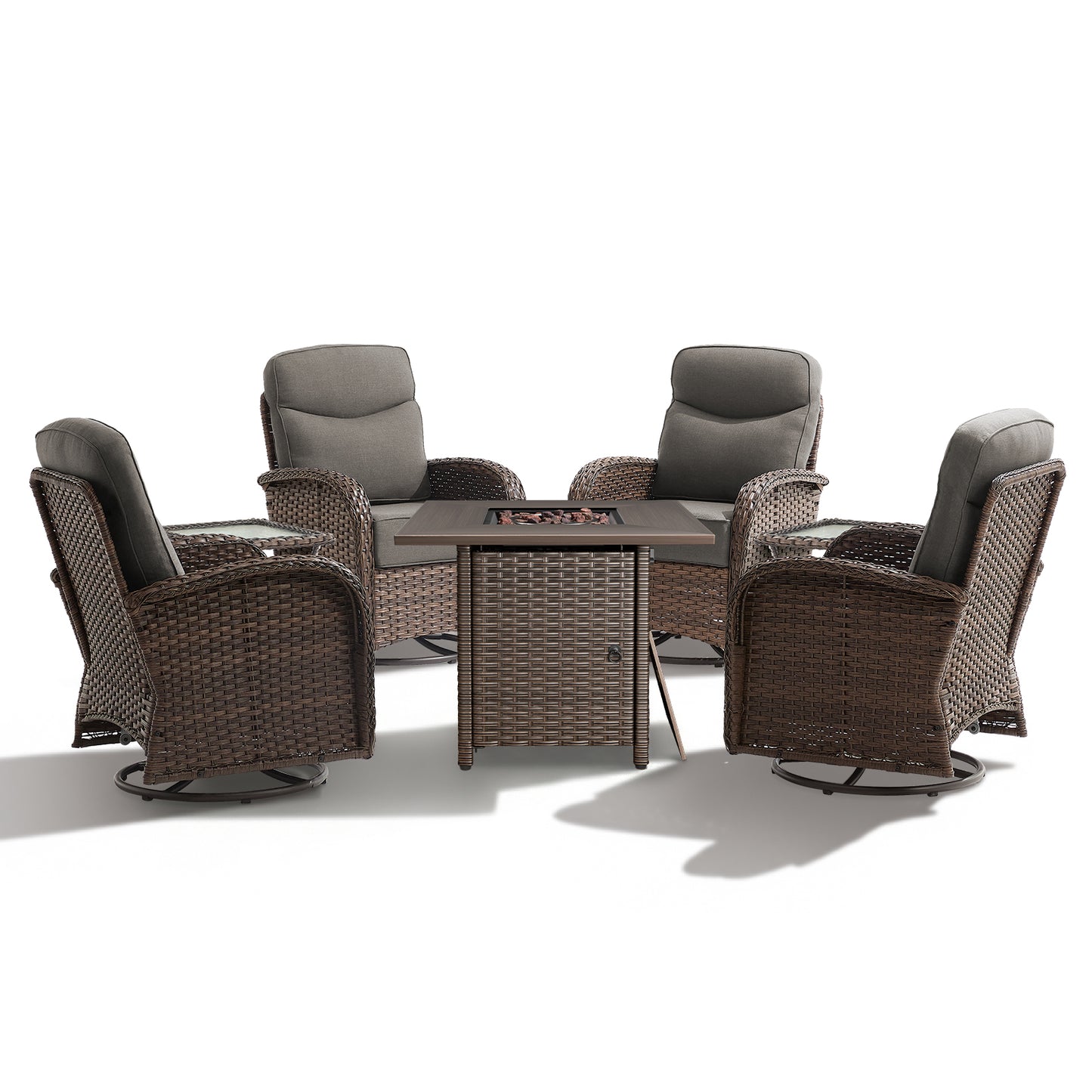 Premium 7-Piece Patio Swivel Chair Set with Square Wicker Fire Pit Table – Cozy Garden Lounge Style, ND Series - Belord