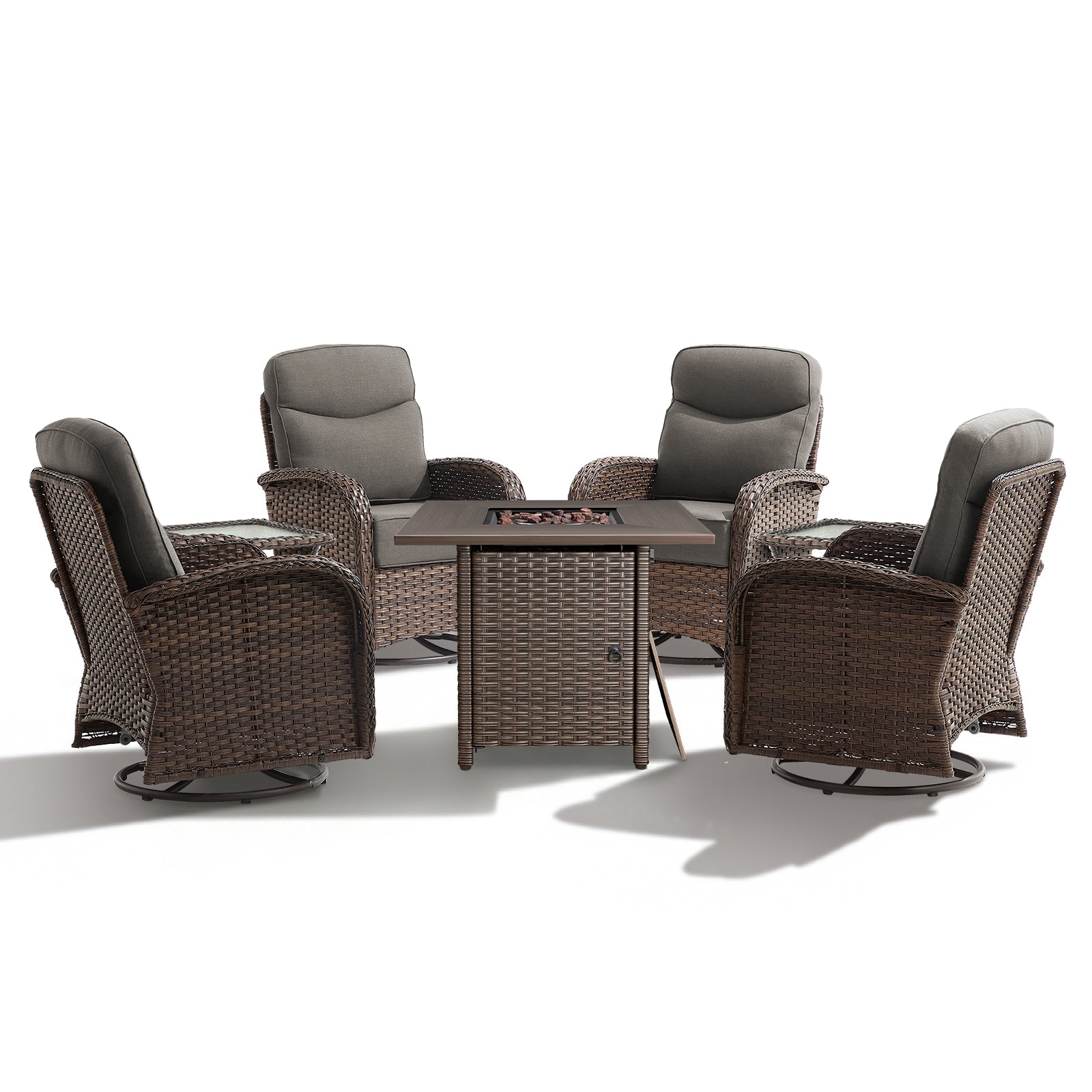 Premium 7-Piece Patio Swivel Chair Set with Square Wicker Fire Pit Table – Cozy Garden Lounge Style, ND Series - Belord