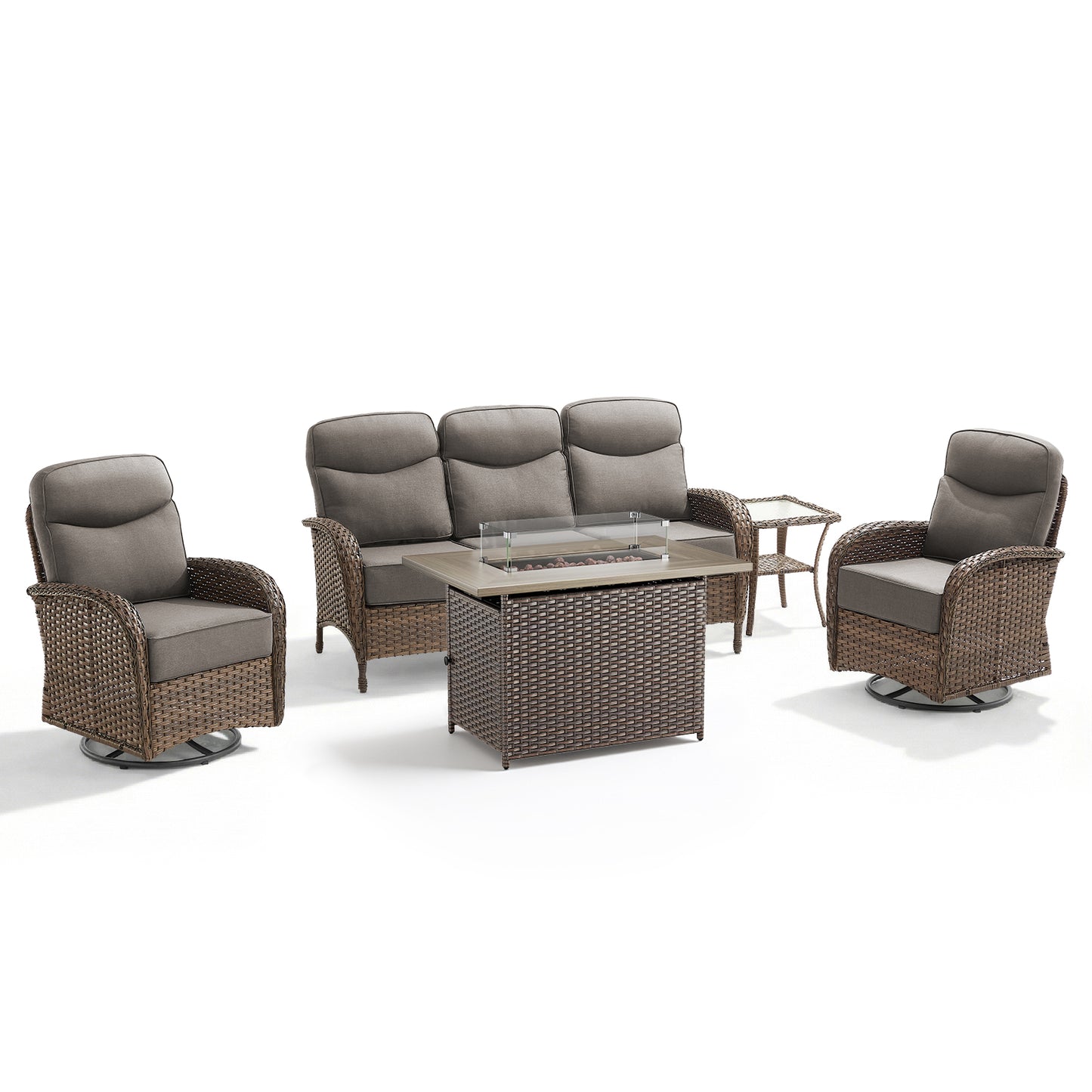 Luxury 5-Piece Rattan Patio Furniture Set with Wicker Fire Pit Table – 6" Cushions for Garden & Backyard Living, ND Series - Belord