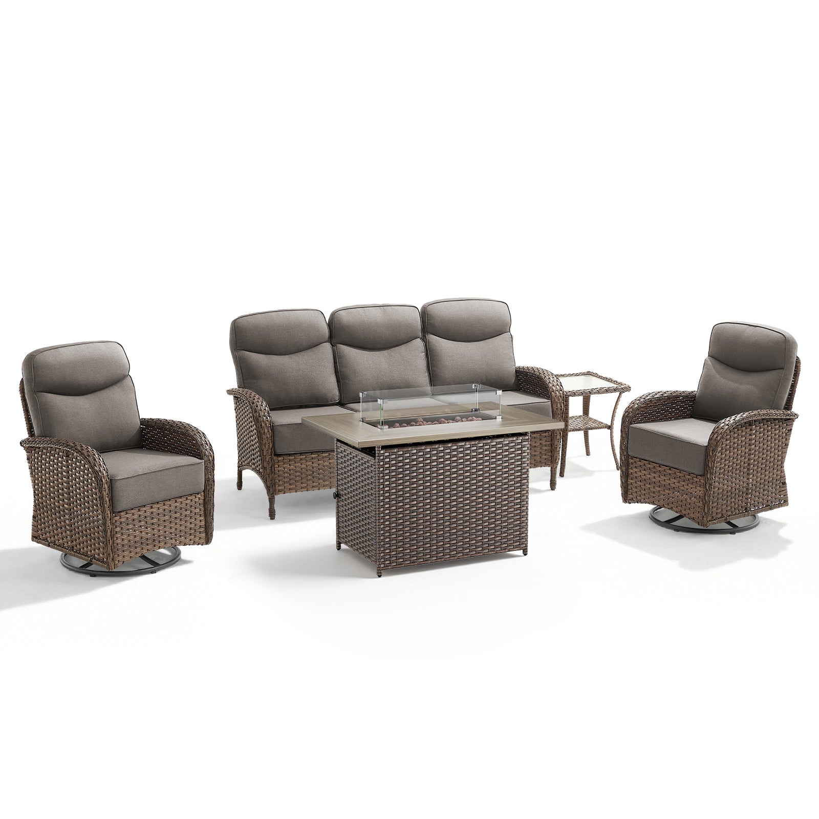 Luxury 5-Piece Rattan Patio Furniture Set with Wicker Fire Pit Table – 6" Cushions for Garden & Backyard Living, ND Series - Belord