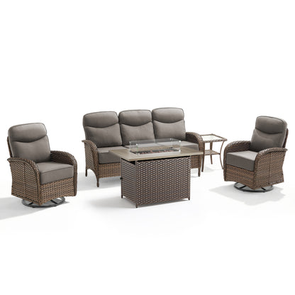 Luxury 5-Piece Rattan Patio Furniture Set with Wicker Fire Pit Table – 6" Cushions for Garden & Backyard Living, ND Series - Belord