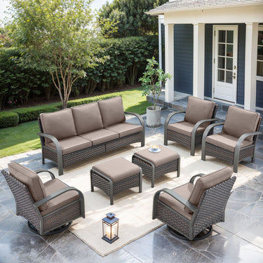 Patio Conversation Set 7-Piece with 1 Sofa, 2 Swivel Glider Chairs, 2 Patio Chairs, 2 Ottoman, HW Series - Belord