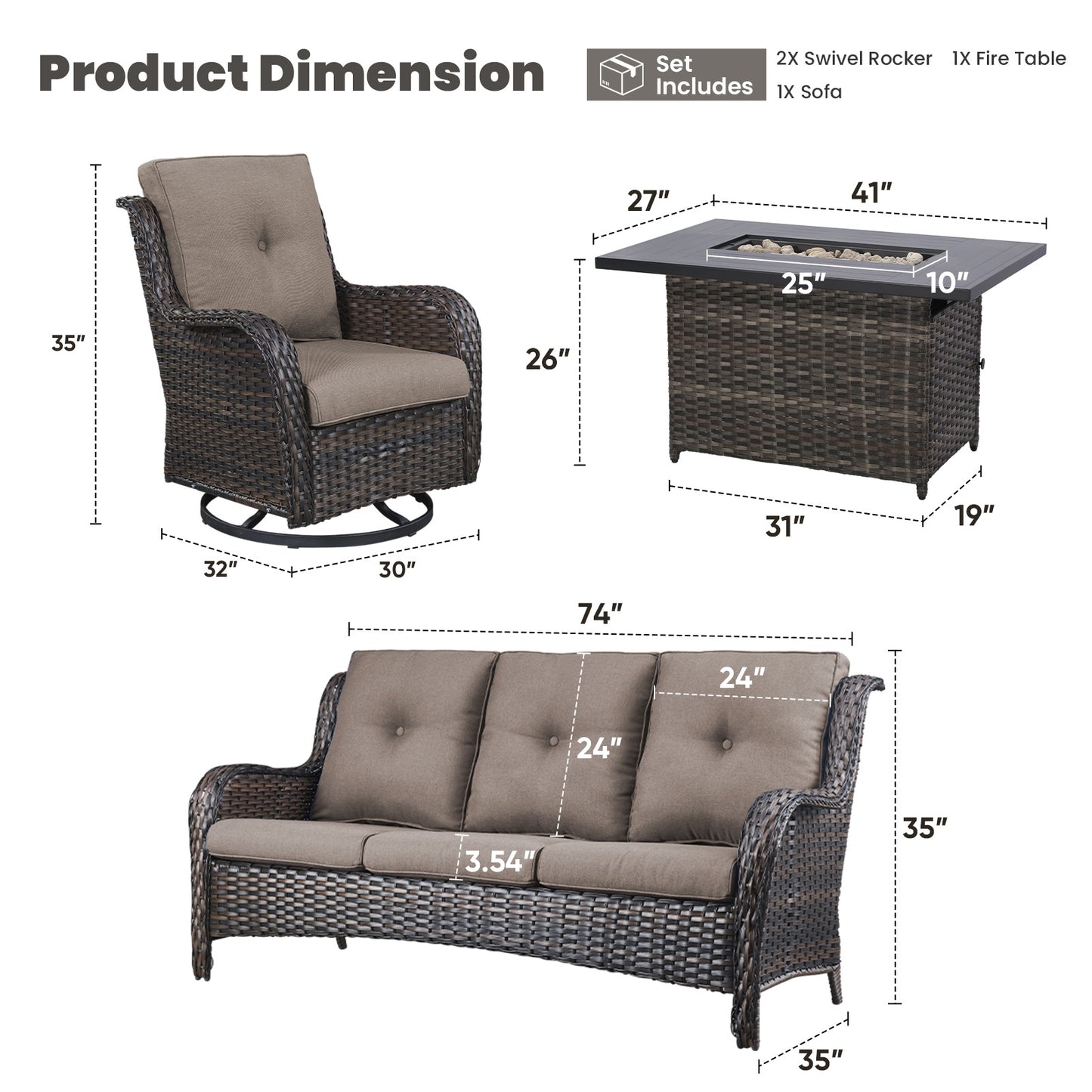 Height-Adjustable Fire Pit Table Set with Swivel Glider Chairs and Sofa, NTC Series