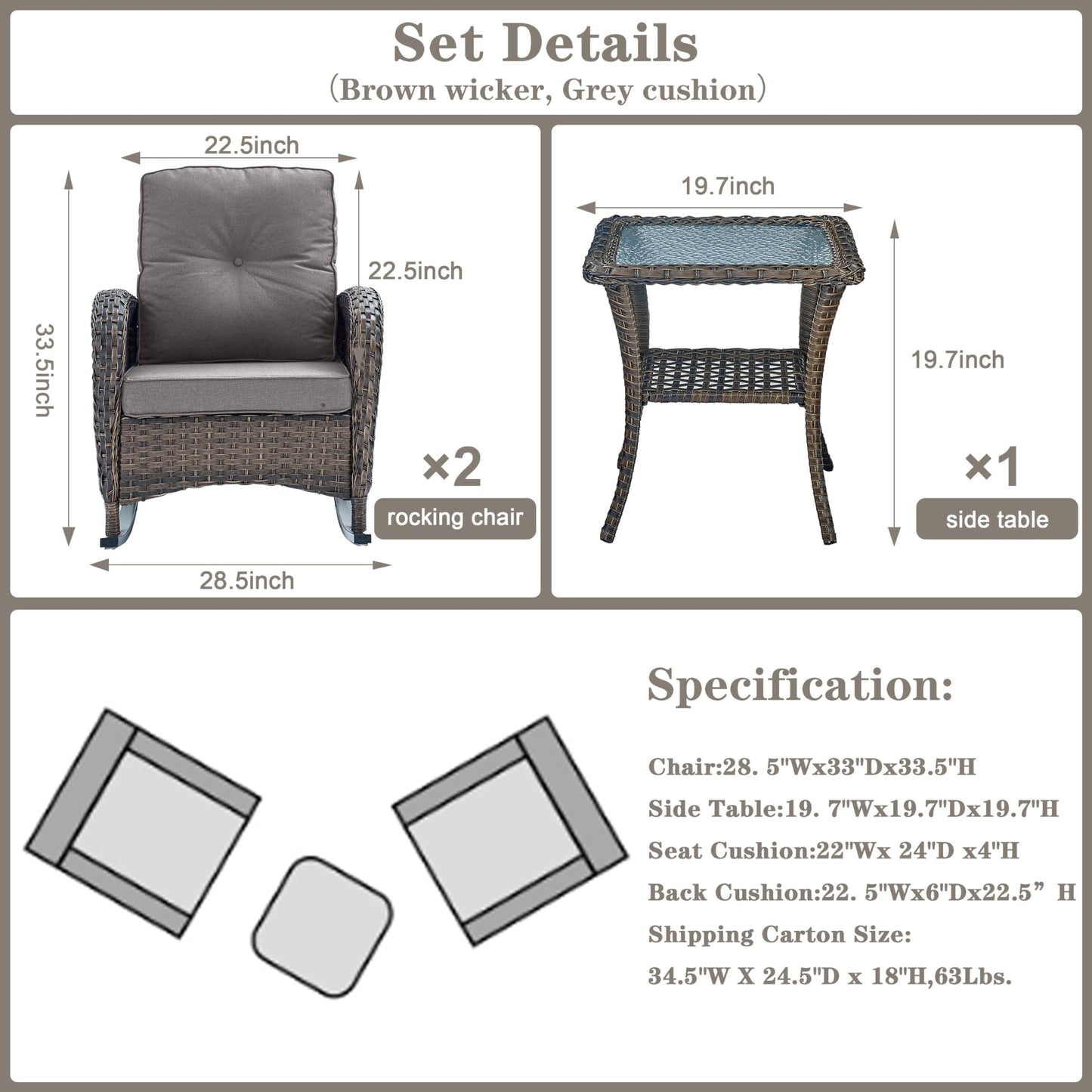 Wicker Rocking Chairs Set with Side Table, NDS Series