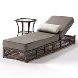 Brown wicker chaise lounge with grey cushions and side table from Belord Solo Relaxation Set, patio furniture cushions.
