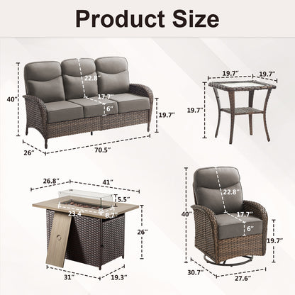 Luxury 5-Piece Rattan Patio Furniture Set with Wicker Fire Pit Table – 6" Cushions for Garden & Backyard Living, ND Series - Belord