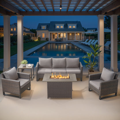 5-Piece Wicker Patio Furniture Set with 41" Fire Pit Table, 55,000 BTU Outdoor Conversation Set with Sofa & 2 Chairs, GRS Series
