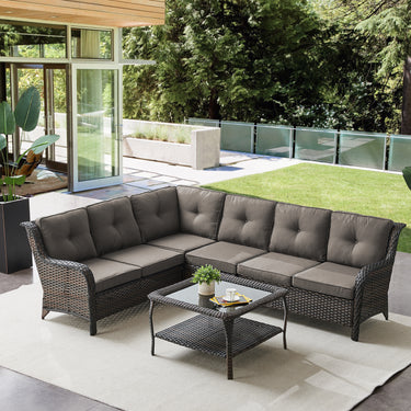 Save 50% - 7-Piece L-Shaped Patio Sectional Sofa Set + Wicker Coffee Table, NTC Series - Belord