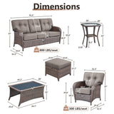 Belord 7-piece patio set with brown wicker, grey cushions, including 3-seater sofa, chairs, tables, and footstools.